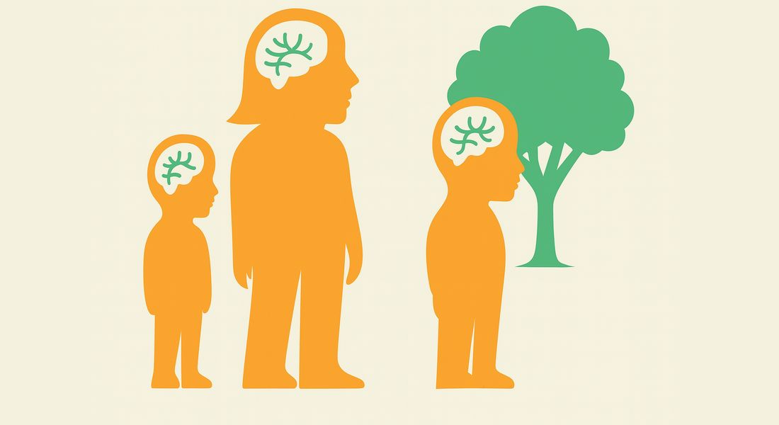 Three orange human figures of different ages with brain symbols, illustrating family links in depression.