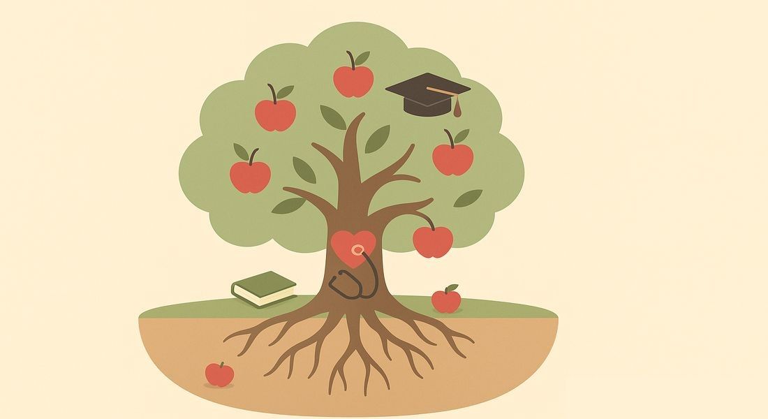 Drawing of tree with apples, book, and graduation cap symbolizing links between family health and educational mobility