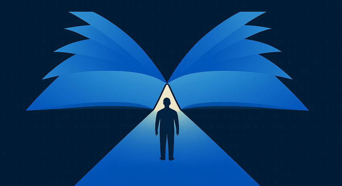 Person walking on open book symbolizing life course and Danish register-based dementia prediction project