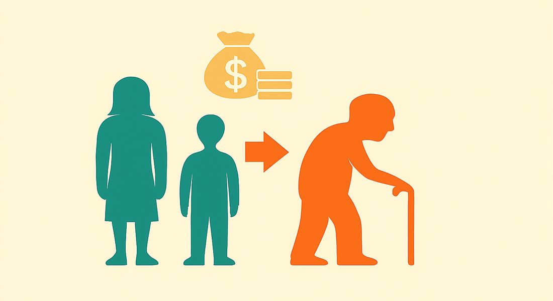 Silhouettes of two people, an elderly man and money icon symbolizing how children’s resources affect parents in old age