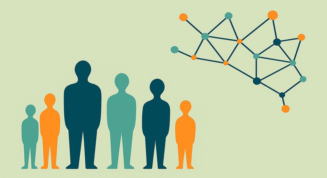 Illustration of people of different ages and a connected network representing social structures.